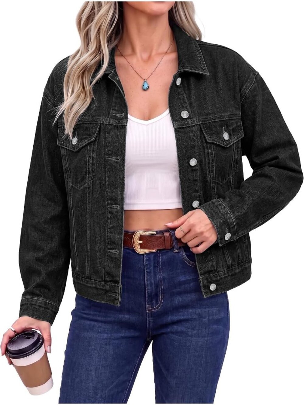 Women’s Washed Black Long Sleeve Button Down Oversized Casual Denim Jean Jacket